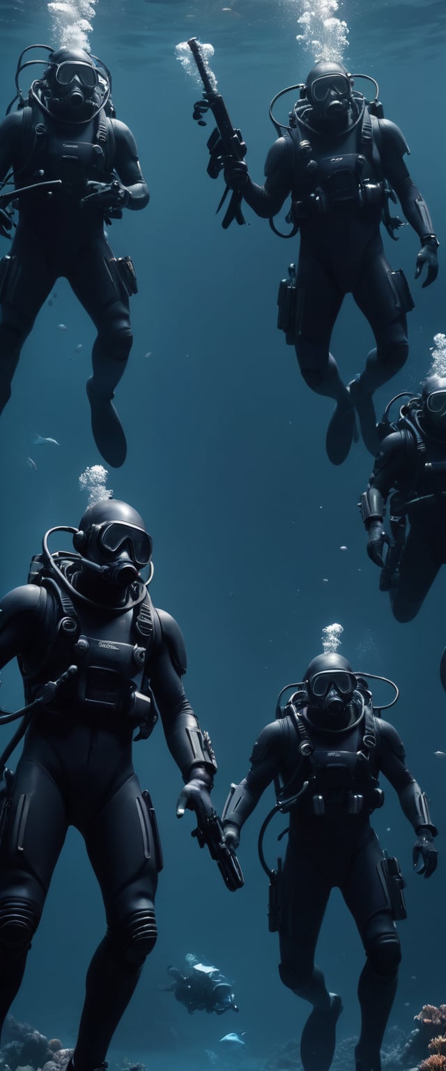 Cinematic scene, a group of deep sea divers, dressed in black and wielding futuristic arpoons weapons, underwater scene, detailed background, masterpiece, best quality, high quality, highres, absurdres, cyberpunk 