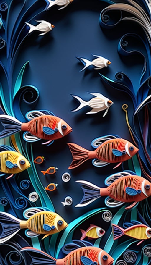 (Multilayer and multidimensional paper cut craft, paper illustration, paper quilling, 3D, colorful illustration of the sea with tropical fish, dark blue background, fantasy, fractal, beautiful color grade, magical mysterious landscape paper Quilling landscape, ultimate perfect Beautiful and magnificent composition, highly detailed and intricate design, rim light, ultra-detailed, ultra-realistic, photorealistic), Detailed Textures, high quality, high resolution, high Accuracy, realism, color correction, Proper lighting settings, harmonious composition, Behance works,Cinematic,IMGFIX,ct-jeniiii