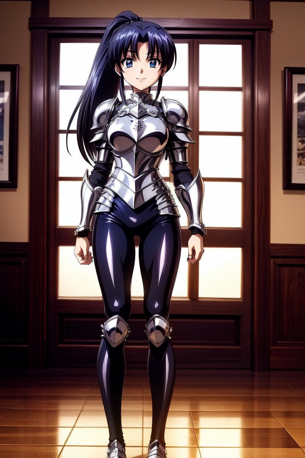 Kaimya kaoru 1996, 1girl, solo, slender girl, beautiful 20 year old anime girl with: athletic body, long legs, (proportioned female body,(The head should be about 1/8 of the total body height)), medium bust, blue eyes, black long hair tied in ponytail; wearing a knight armor, armor black pants; smiling shyly, blade in the hand; stop in half the castle. in knight pose; in high quality, ,Armor