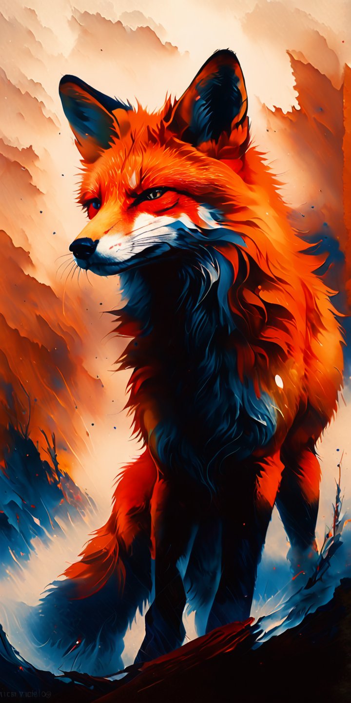Abstract painting of a Highly detailed powerful red fox, a living woods against a backdrop fog, standing majestically, illuminated, focused on the character, Hue of Blue ink,roar