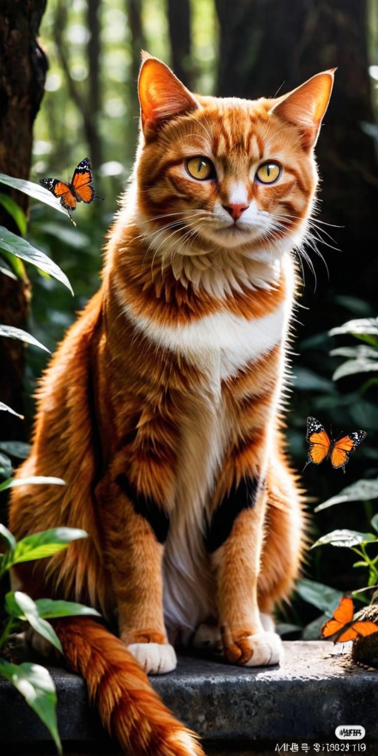 The orange cat, amber eyes, sitting still on a cistern edge in the middle of a shadowy forest, its expression is curious, multicolored butterflies flutter around it, the light that reflects the cat makes it stand out. Artwork, with detailed brush strokes, highlighting, dark palette, high resolution and contrast, high color contrast, intricate and detailed texture, deep focus, depth of field, ultra quality, ink art, pomological watercolor, cat