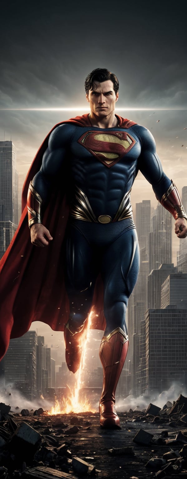 The desolate landscape of Earth is depicted with crumbling buildings, broken roads, and a pallid sky filled with swirling dust. Amidst the chaotic ruins of the city, Superman emerges in flight. His powerful physique contrasts with the desolation around him, shining like steel even in the darkness,

His face is filled with a determined expression, and his eyes reflect a burning hope and courage. Superman's cape billows in the wind, and a sense of tension and hope emanates from his surroundings. In his hand, a series of energy beams form, symbolizing the power he wields to save Earth,

Superman is working tirelessly to rebuild Earth, and his presence serves as a beacon of hope and courage. He illuminates the scenes of past destruction, hinting at a new beginning and the dawn of hope.,photorealistic,retrowavetech