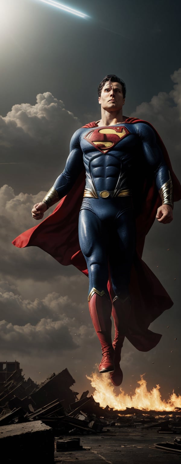 The desolate landscape of Earth is depicted with crumbling buildings, broken roads, and a pallid sky filled with swirling dust. Amidst the chaotic ruins of the city, Superman emerges in flight. His powerful physique contrasts with the desolation around him, shining like steel even in the darkness,

His face is filled with a determined expression, and his eyes reflect a burning hope and courage. Superman's cape billows in the wind, and a sense of tension and hope emanates from his surroundings. In his hand, a series of energy beams form, symbolizing the power he wields to save Earth,

Superman is working tirelessly to rebuild Earth, and his presence serves as a beacon of hope and courage. He illuminates the scenes of past destruction, hinting at a new beginning and the dawn of hope.,photorealistic,retrowavetech