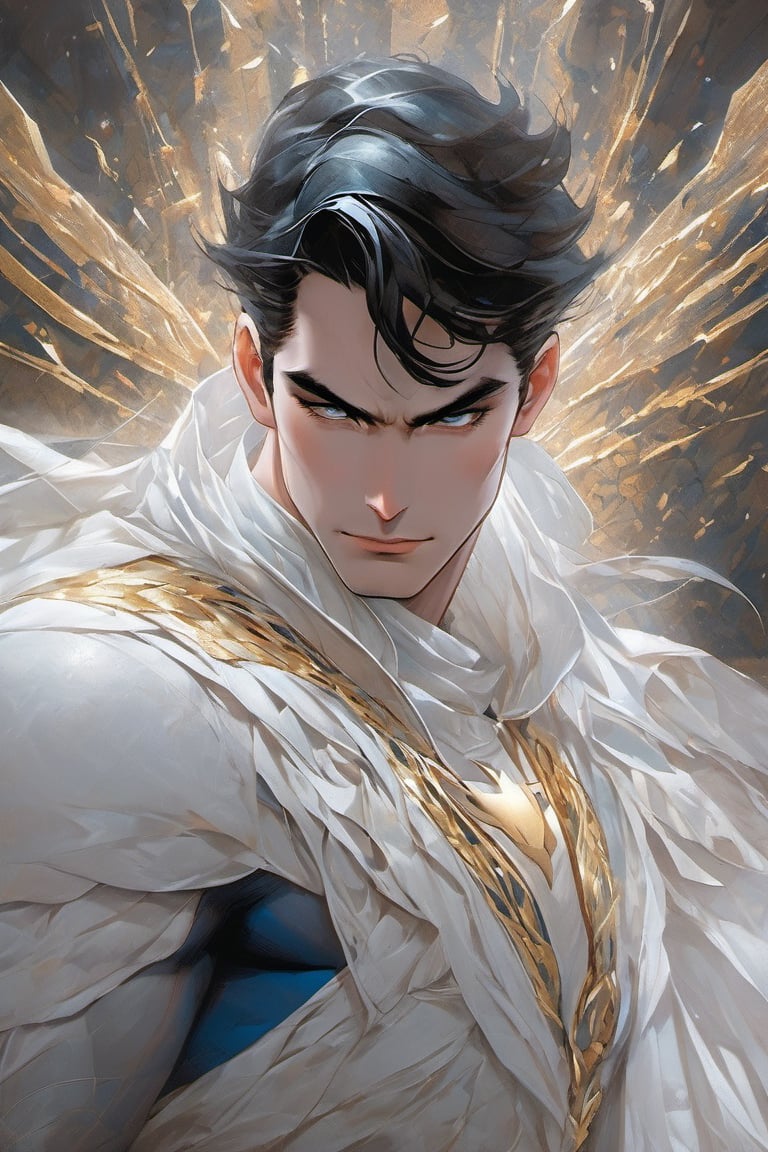 masterpiece, best quality, ultra-detailed, High detailed, Pure White Superman is depicted as a powerful being intertwined with pure light. He stands ready for battle, with hair made from fireworks that shine brilliantly, reminiscent of a spectacular nighttime display. This firework hair symbolizes his energy and strength, He is clad in a unified steel garment of black and gold, adorned with jade rivulets accessory. This attire provides him with formidable protection while also showcasing an elegant and sophisticated appearance. The jade decorations add a touch of natural beauty to his outfit, creating a mysterious aura, Superman's eyes are a deep, clear blue, representing his determination and resilience. He wears earrings, a neckerchief, and a hairpin, completing his distinctive style. These accessories highlight his personality and uniqueness, His physique is perfectly proportioned, making all his movements appear graceful and powerful. He is surrounded by beautiful blossoms, which add a sense of natural vitality to his presence. Additionally, his appearance is illustrated with algorithmic fractal art, visually representing his inner strength and beauty through complex and intricate patterns. Superman stands out with arching light reflections, making his surroundings glow fantastically. The vivid and vibrant colors make his image even more lively, while cinematic and aesthetic lighting gives him a mysterious atmosphere, All these elements are expressed with detailed textures, making the image of Pure White Superman feel realistic and impactful. His presence transcends that of a simple hero, appearing as a work of art, harmonizing light and power,
Negative prompt: 