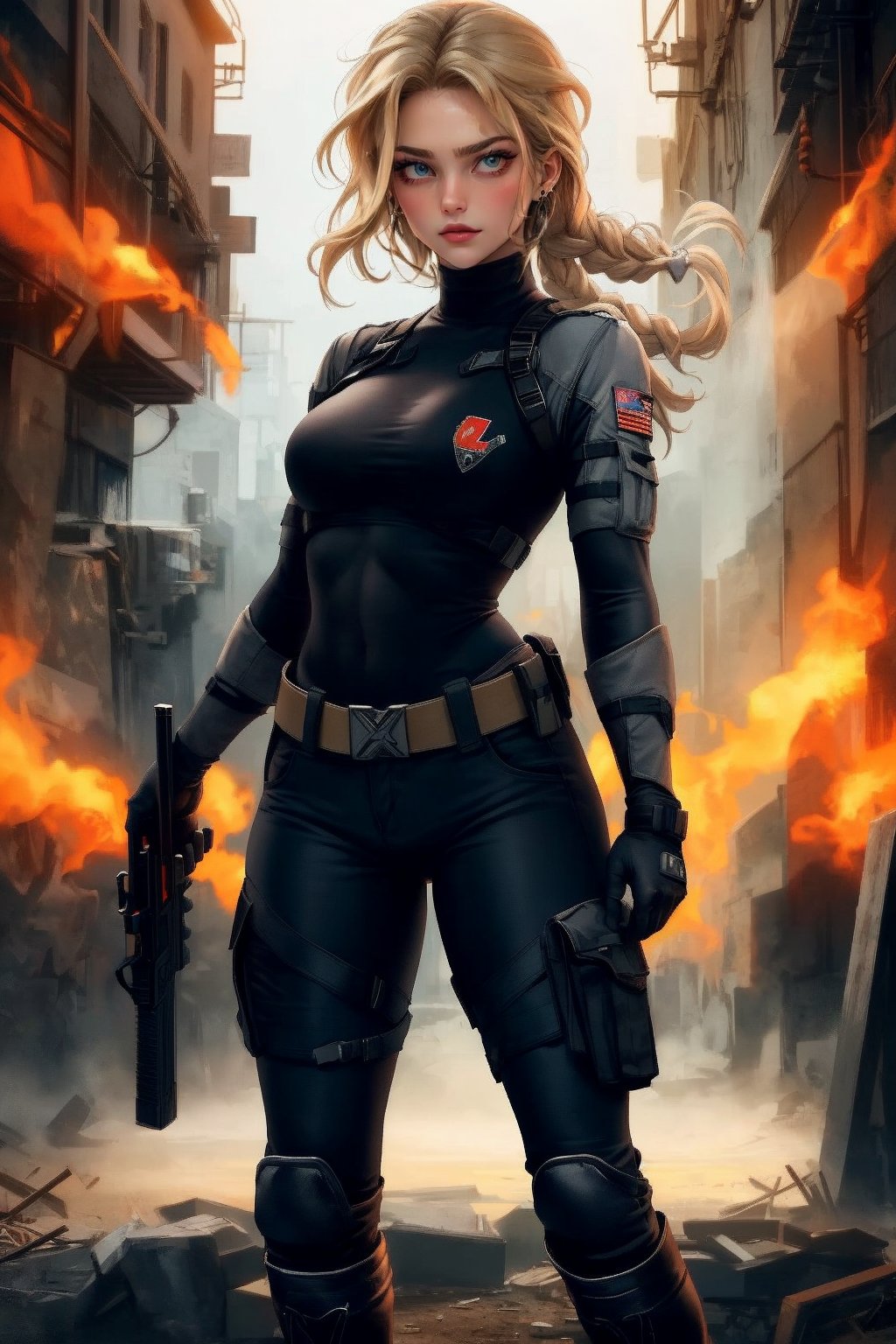A captivating image of a strikingly beautiful woman, portrayed as a confident soldier. Her piercing blue eyes and full lips convey allure, while her long blonde hair is neatly braided, adorned with strong highlights. She is dressed in cargo pants and combat boots, equipped with various weapons and wearing black gloves. The full-body depiction showcases her in tactical gear, exuding strength and resilience. This high-quality image, whether a painting or a photograph, captures her allure and formidable presence, immersing viewers in her captivating portrayal. She wears a serious, stern, cold expression. Glaring eyes, furrowed eyebrows