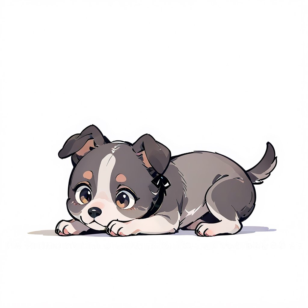 a grey dog  with white base , animal focus, cute, Simple flat style, white background, bow, lie down, no humans,flat color