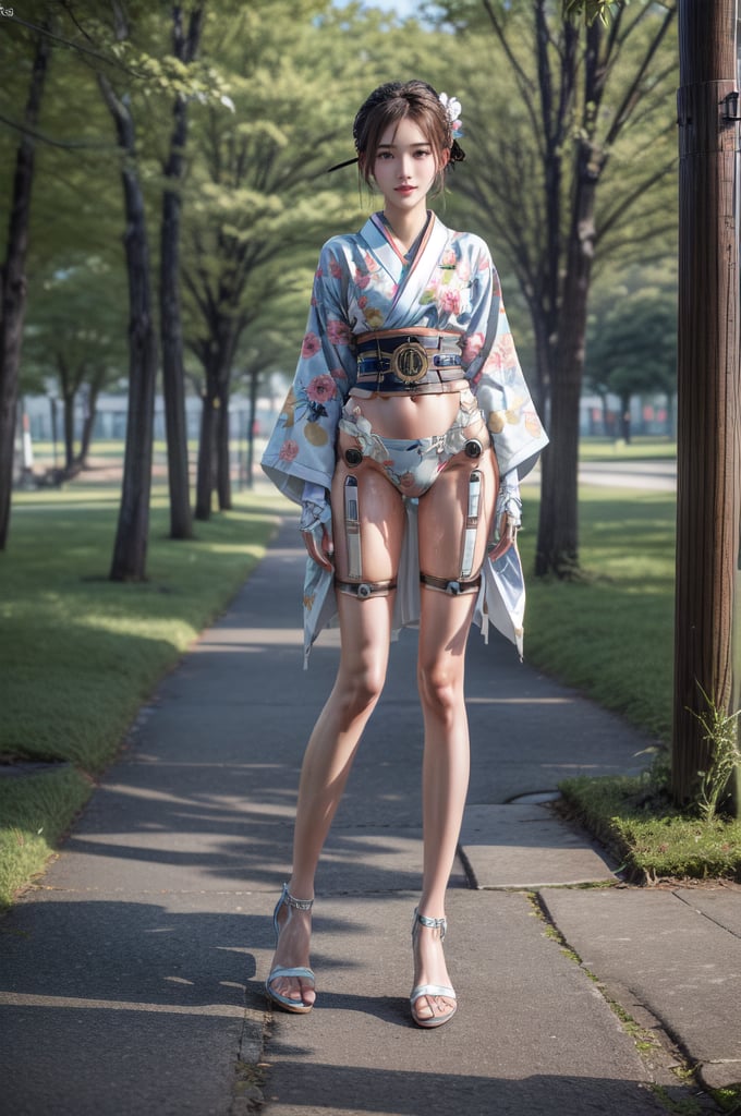 igh-resolution photo,semi-mechanical beauty, looking at viewer, brunette, hair accessory, long sleeves, holding, standing, full body, flower, outdoors,white japanese clothing, hair flower, kimono, blur, obi, colored skin, belt, floral print, sandals , pale skin, wet, realistic, tabi socks, photo background, kanzashi,(((human body combined with mechanical components)))