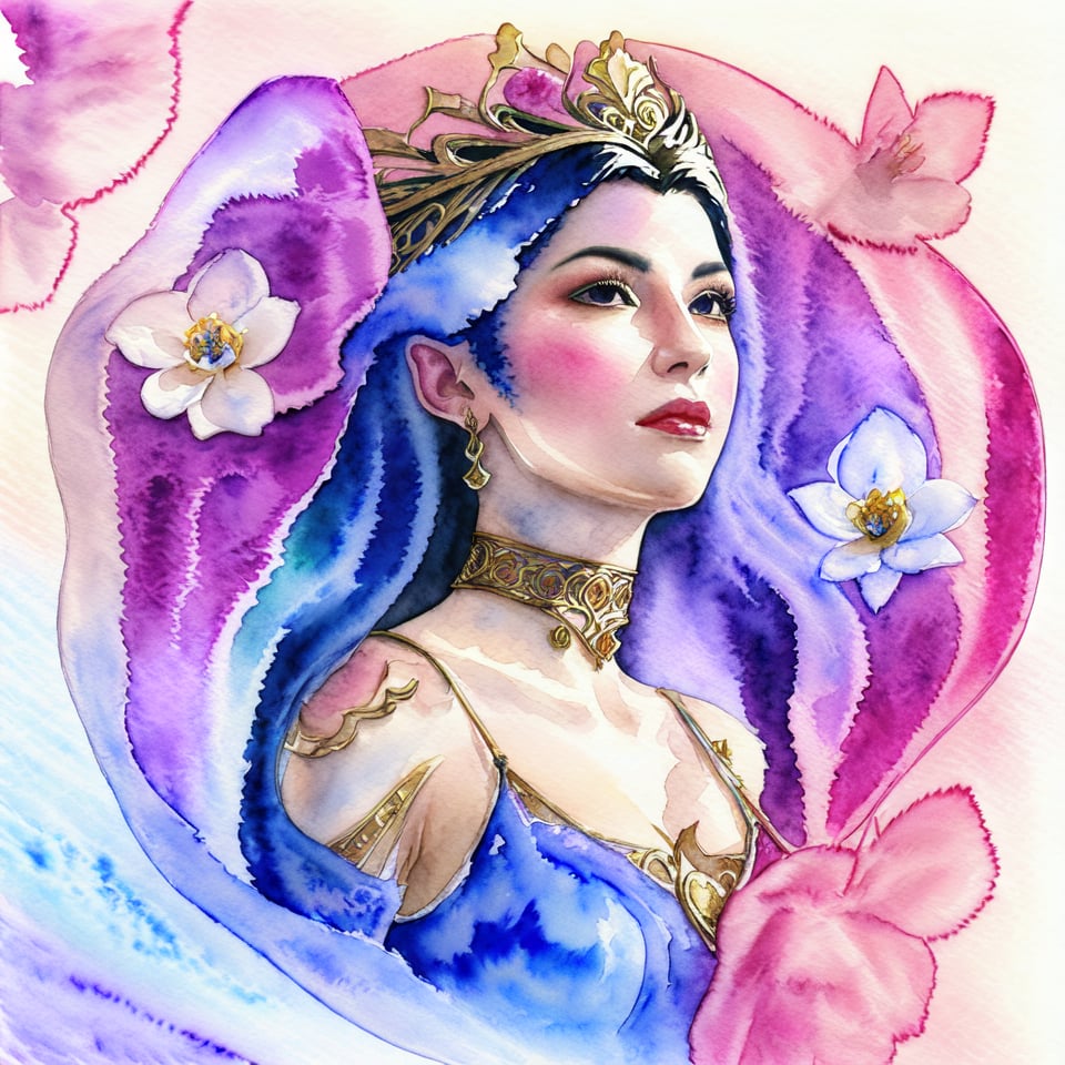 A luxuriously drawn (((translucent watercolor fantasy flowers queen scene))), intricate details and ornate patterns giving off a delicate, otherworldly glow, with a gracefully posed female figure at its center, her long locks and regal posture reflecting an air of serene elegance,Illustration