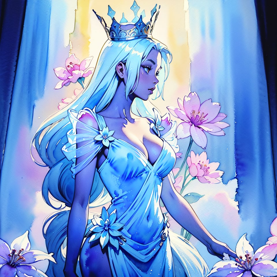 A luxuriously drawn (((translucent watercolor fantasy flowers queen scene))), intricate details and ornate patterns giving off a delicate, otherworldly glow, with a gracefully posed female figure at its center, her long locks and regal posture reflecting an air of serene elegance,Illustration,ELIGHT