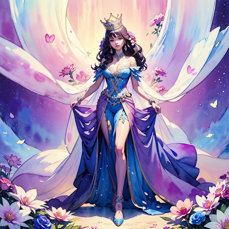 A luxuriously drawn (((translucent watercolor fantasy flowers queen scene))), intricate details and ornate patterns giving off a delicate, otherworldly glow, with a gracefully posed female figure at its center, her long locks and regal posture reflecting an air of serene elegance,Illustration