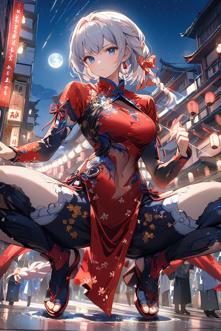 Japanese comics, light color, masterpiece, bottom up shot/angle, boutique, aesthetic, (1girl, solo, cheongsam, white long hair, single braid,) , (model picture), (full body), perfect legs, perfect hands, Chinese martial arts master, fighting stance, beautiful boy, night, moon starry sky, Milky Way starry sky watercolor background \(center\), very detailed, 
 lens flare, glass art, glitter, glint, light, 
midjourney portrait,girl,CLOUD,FuturEvoLabFlame,FuturEvoLabLightning,Thunder Flash,Lightning aura,lass,blue eyes,short hair,amagi_hiiro,taniguchi