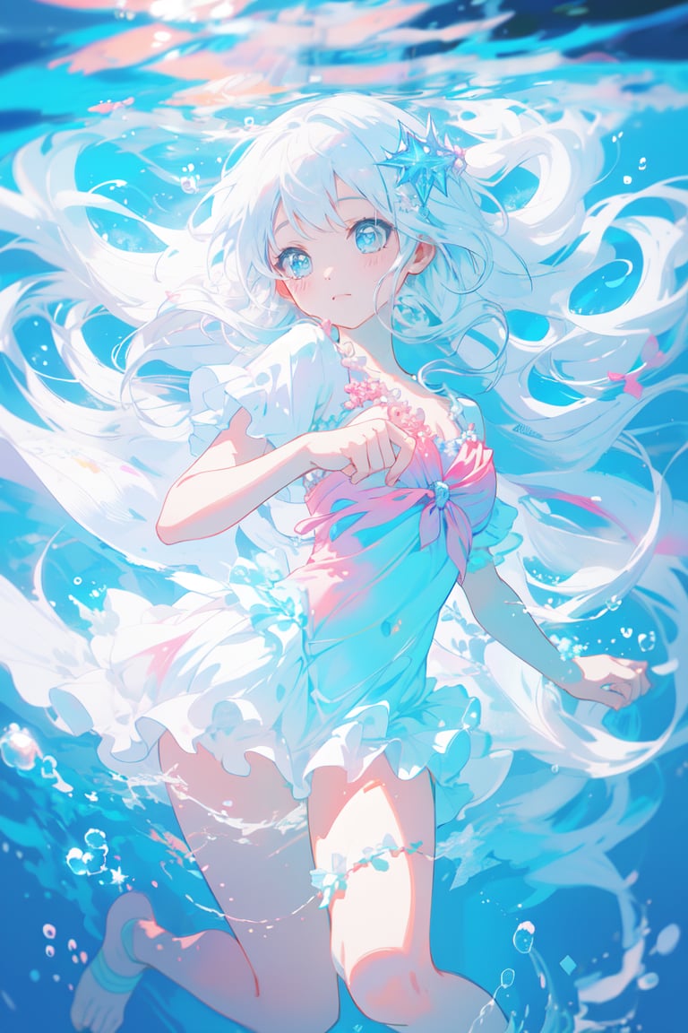(masterpiece:1.0), (highest quality:1.12), (HDR:1.0), a girl, white long hair, close eyes, full body, beautiful body, dancing, Floating in the water, illustration, cover art, (black:1.2), (portrait), coral background, splash, (Mermaid:0.7) ,noc-mgptcls