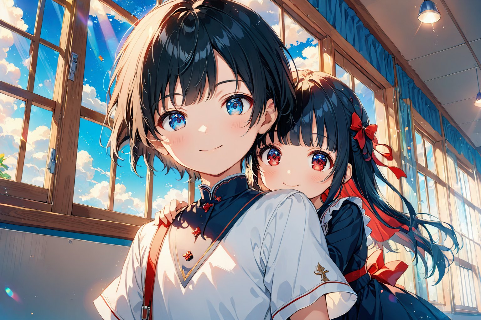 Masterpiece, beautiful details, perfect focus, uniform 8K wallpaper, high resolution, exquisite texture in every detail,
source_anime, Selfie, 
A girl and a boy draw self-portrait with each other., 
(1girl, long black hair, straight bangs, blue eyes, dress, ) , 
(1boy, short white hair, red eyes, ) , Kindergarten, children's garments,
bangs, stand, looking at viewer, celebrate, 1year birthday party,
smile, happy, closed_eyes, 
indoors, school, classroom, window, sky, day, clouds, summer,  
profile, lens flare, glitter,  glint,  light