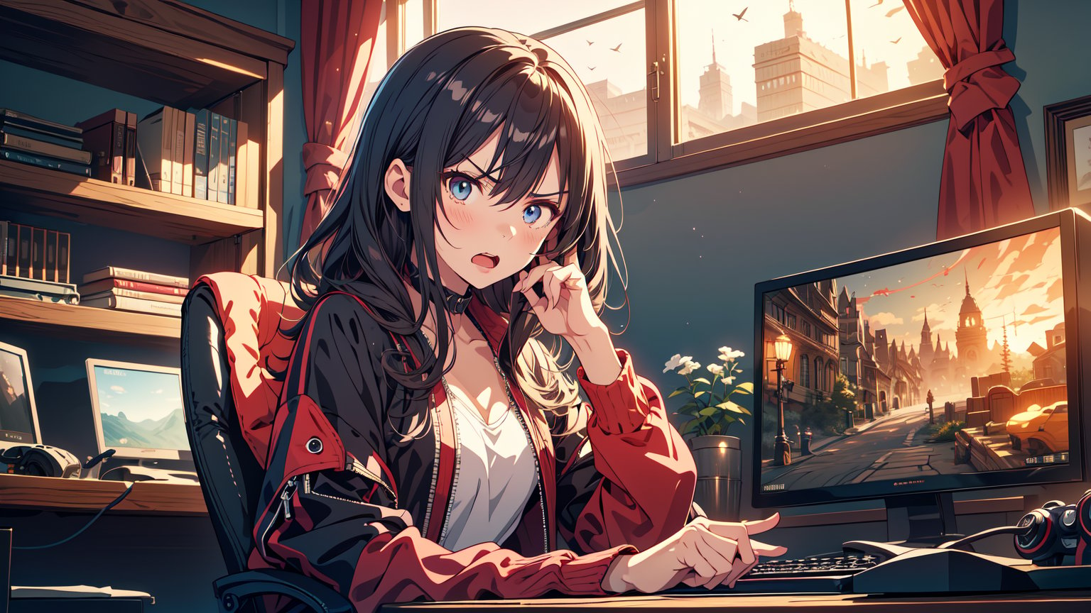 masterpiece, best quality, 1girl, anime young girl, ((solo)), girl focus ,mature female, Long hair, ((very angry expression)), screaming, anger, anger vein, sitting in gaming chair, (joystick in hands, flight stick, gamepad, game controller, video game), computer, looking at monitor, gameover, indoor, bedroom, curtains, windows, curtains, windows, detailed eyes, highly detailed, high resolution, blurry background, Anigame, upper body
