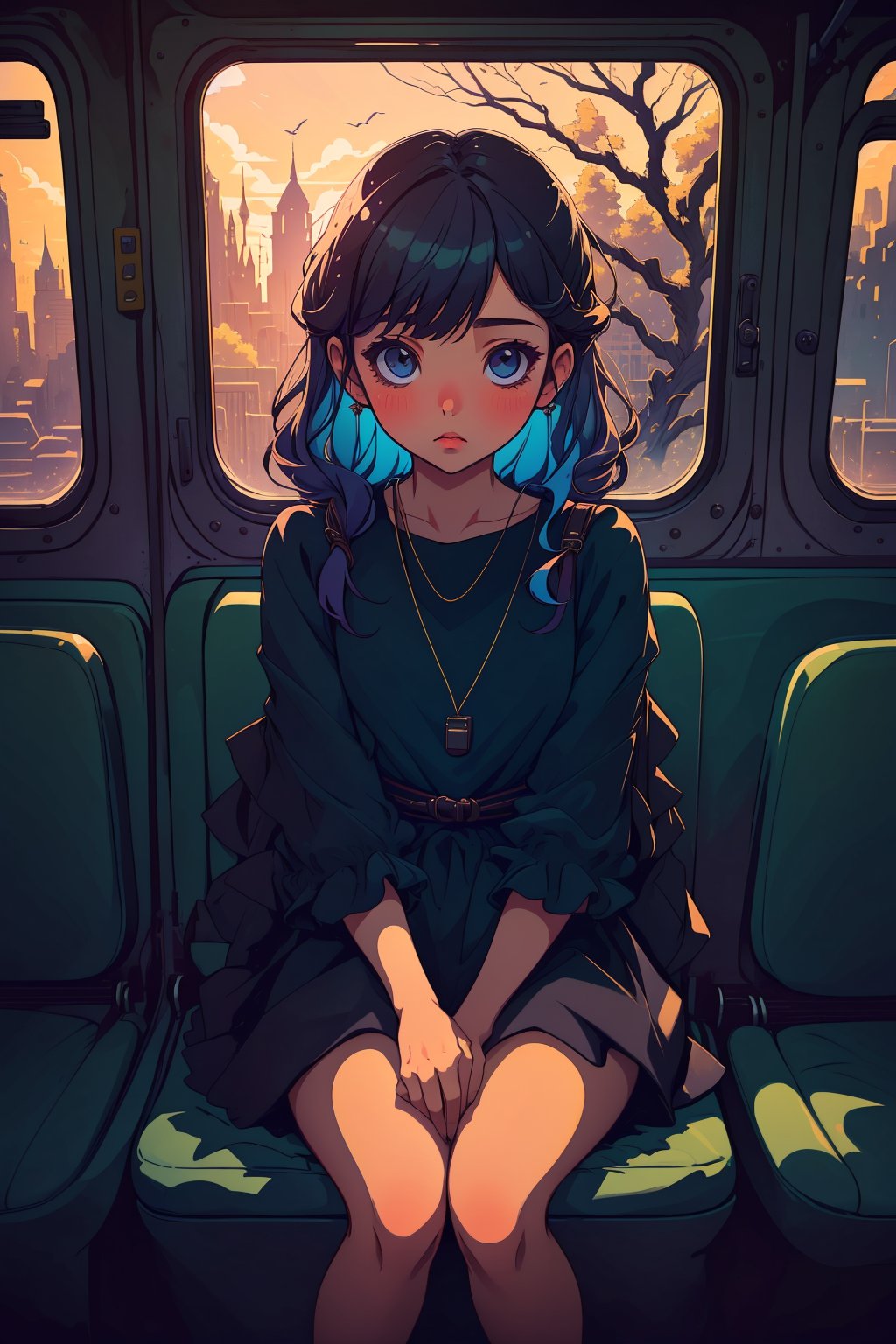 cute girl sitting on a bus,solo, dress, natural lighting from window, 35mm lens, soft and subtle lighting, girl centered in frame, shoot from eye level, incorporate cool and calming colors,tshee00d,vector style