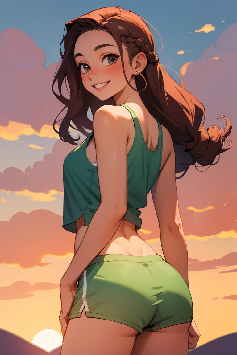 masterpiece, highquality,1girl, beautiful, smile,brunette, braided hair, long hair, 19 years old, white tank top, bootyshorts, hills, cowboy shot, sunset