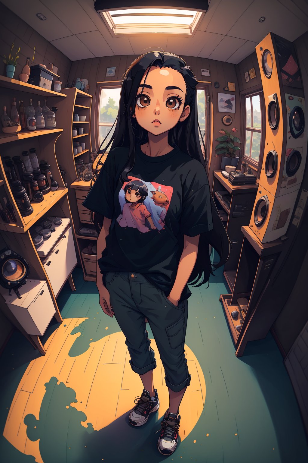 masterpiece, best quality, 1girl, solo, mature female, black hair, long hair, straight hair, forehead, brown eyes, shirt, short sleeve, pants, shoes, standing, indoor, (fisheye lens):1.4, girl,tshee00d,vector style