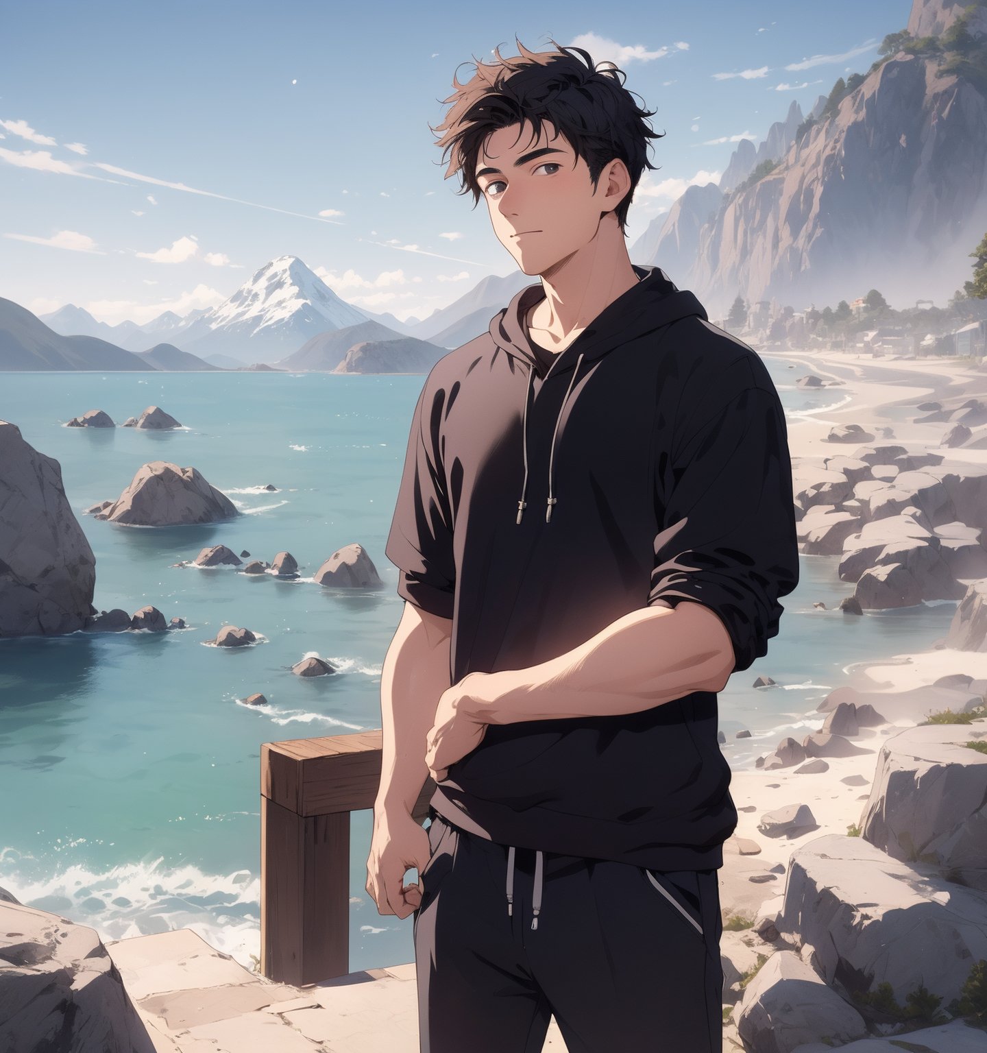 18-year-old boy, named José de la Cruz. José de la Cruz is posing in profile, looking towards a place not visible to the viewer. José de la Cruz is wearing a black sweatshirt. Behind him there is a sea and small mountains. Hyperrealistic. Photorealistic. 