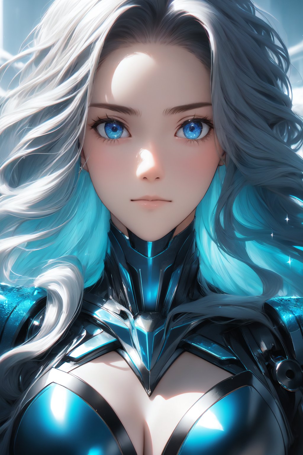 Close-up shot of JeeSoo, an elegant lady with long, flowing hair and piercing eyes. She wears a custom-designed high-tech cyberpunk blue suit that radiates a radiant glow. The suit's intricate details sparkle under the soft, icy lighting. Her gaze directly confronts the viewer, sword raised in a powerful pose. The composition emphasizes her beauty, set against a futuristic backdrop with mecha elements. The image is rendered in stunning 8K resolution, showcasing every detail with sharp focus and realistic texture.,Asia