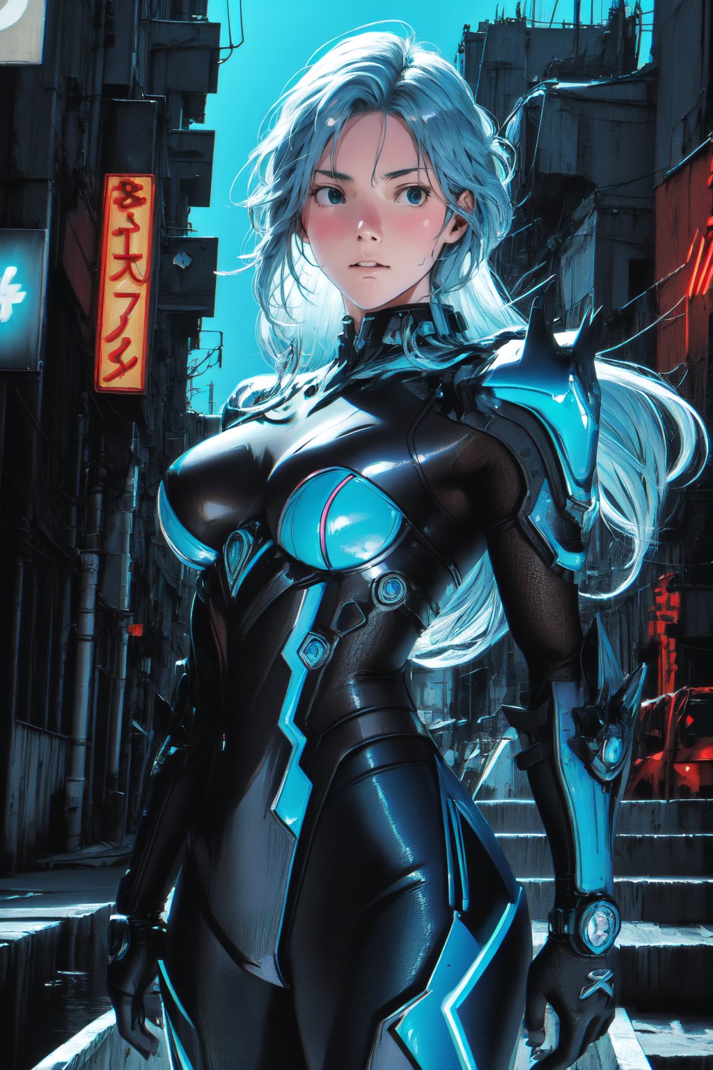 Close-up shot of JeeSoo: Elegant lady with long hair and piercing eyes, radiating confidence in custom-designed cyberpunk blue suit that glows under soft, icy lighting. Sword raised in powerful pose, gaze confronting the viewer. Futuristic backdrop with mecha elements complements her beauty, set against Asia's neon-lit cityscape. 8K resolution rendering every detail with sharp focus and realistic texture.,klee (genshin impact)