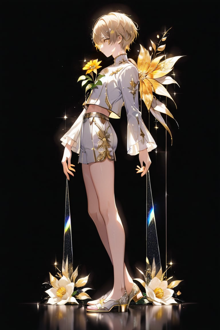 bottom up shot/angle, 
1boy, solo,right side, idol, holding a yellow flower, standing, from the side, looking at viewer,
 short hair, bangs, sad, 
, wear white cool clothes, (model picture), (full body), perfect hands, perfect legs,
flowers in back, black background, 
profile, lens flare, glass art, glitter,  glint,  light particles,