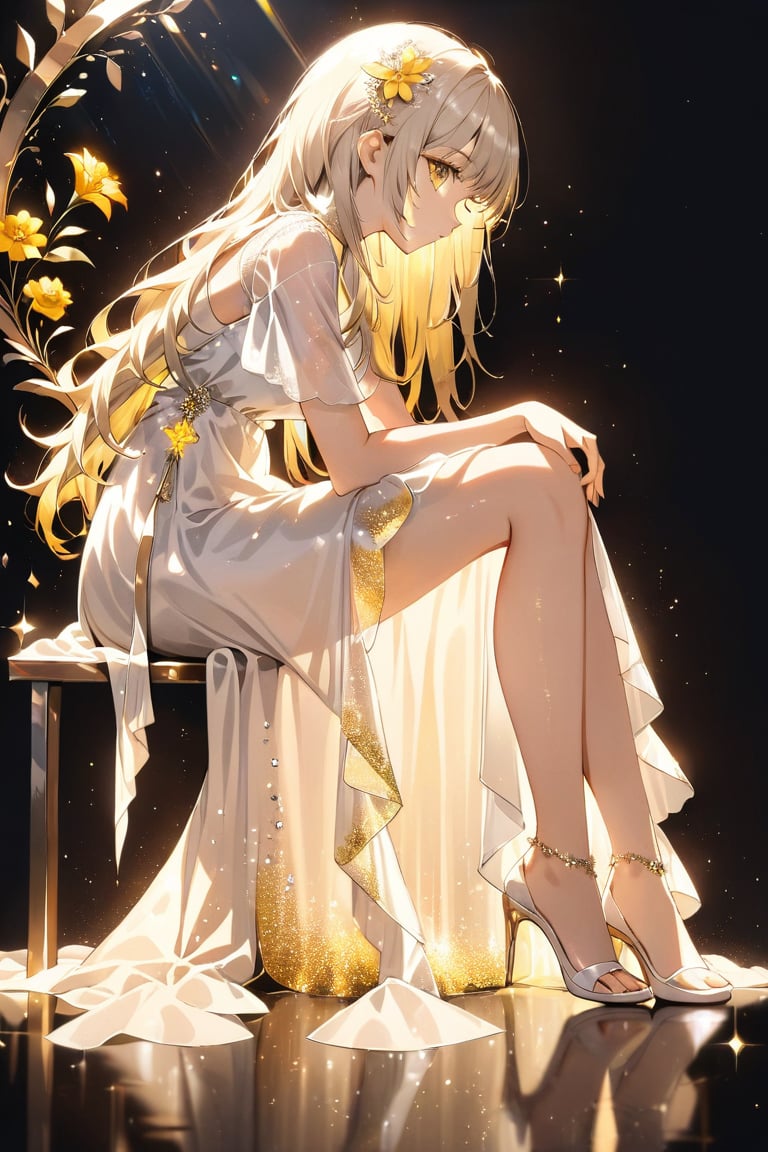 bottom up shot/angle, 
1girl, solo,right side, holding a yellow flower, sitting, from the side, looking at viewer,
 long hair, bangs, sad, 
, wear white cool dress, (model picture), (full body), perfect hands, perfect legs,
flowers in back, black background, 
profile, lens flare, glass art, glitter,  glint,  light particles,