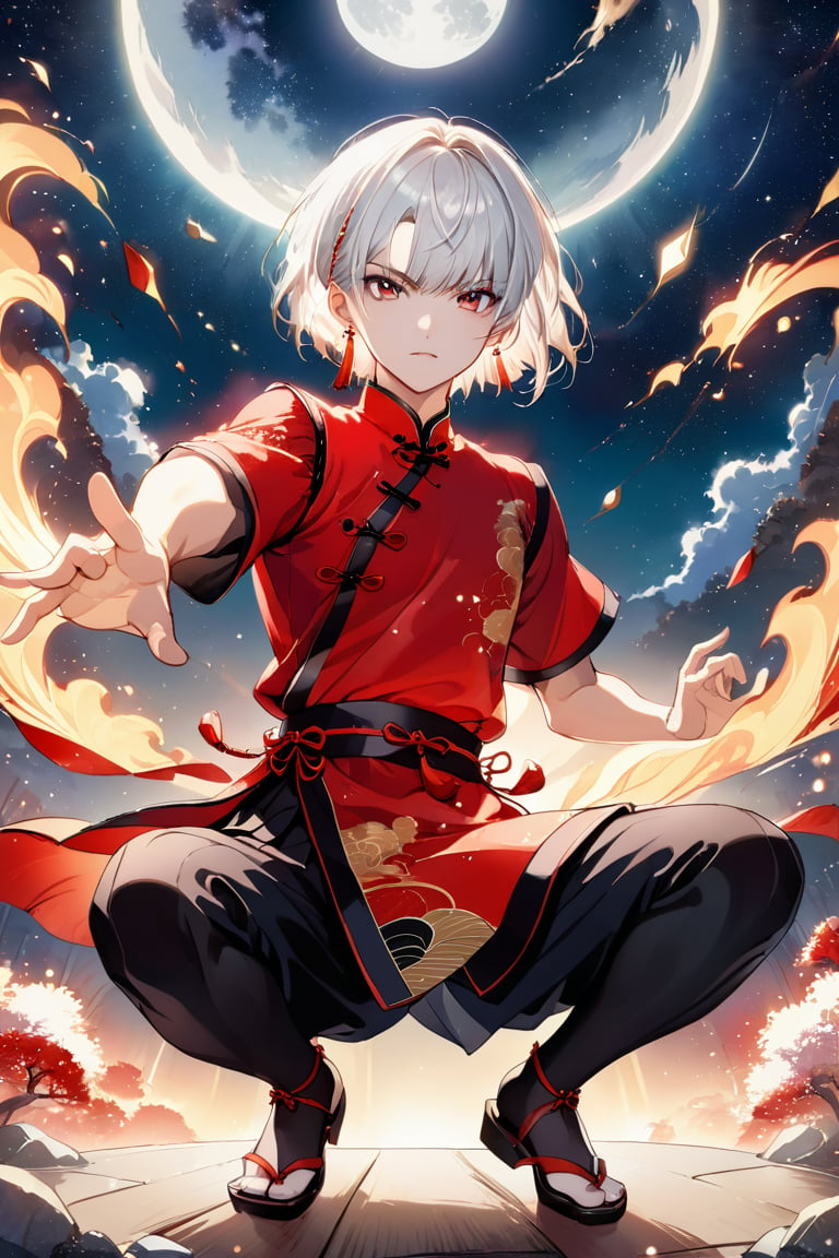 Looking at the viewer,
Japanese comics, light color, masterpiece, boutique, aesthetic, tarot cards,
(1boy, solo, white hair, short hair, bangs, white shot hair, red chinese earring, dark cheongsam, ) ,
 (model picture), (full body),Chinese martial arts master, fighting stance, 
 perfect hands, night, moon, starry sky,
 Milky Way starry sky watercolor background \(center\), very detailed,
lens flare, glitter, glint, light particles,