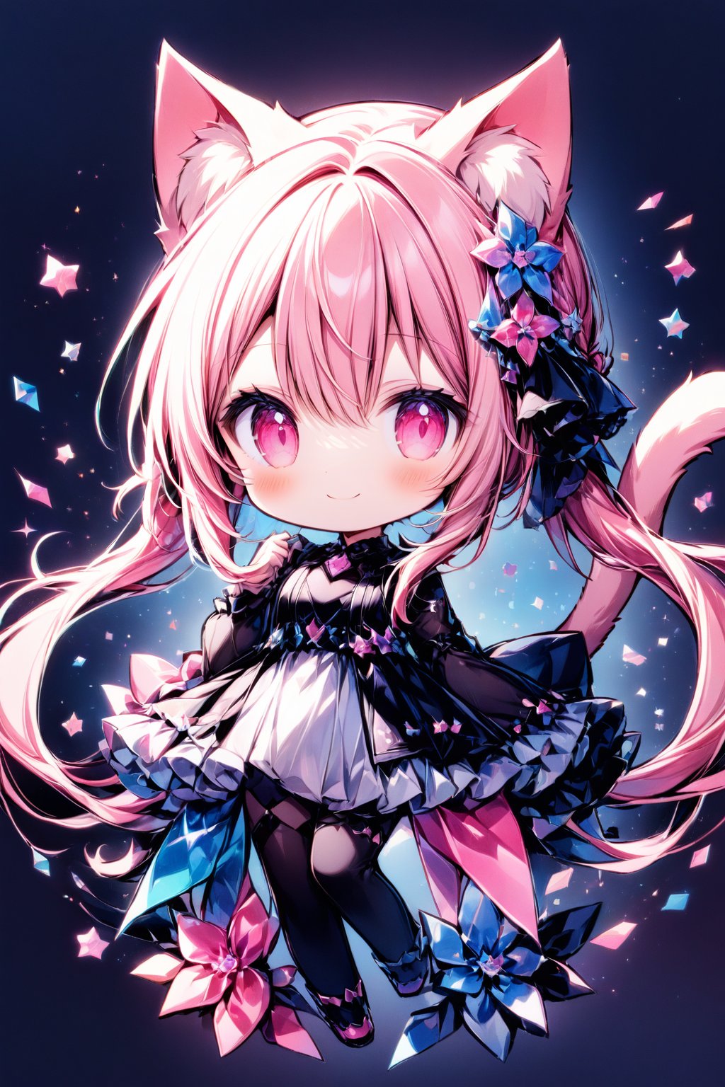 (score_9,score_8_up,score_7_up), 
1 girl, solo, looking at viewer, smile, Chibi characters,
pink long hair, pink eyes,cat ears,cat tail,

color background,cute,(whole body),flowers,wing,light,