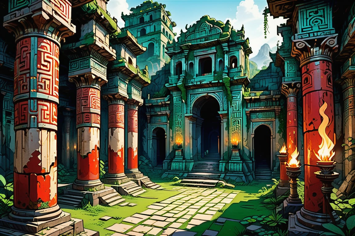 /imagine prompt: interior shot,"A sprawling, maze-like ancient city with interconnected corridors and chambers, ornate but crumbling architecture adorned with jade and precious metals, dimly lit by torches and braziers, with overgrown vines and moss reclaiming parts of the city, Xuchotl from Red Nails --v 5",/imagine prompt: "Intricate frescoes and pillars in an ancient, decaying city, with opulent designs now worn and faded, a sense of past glory mixed with current ruin, echoing the atmosphere of Xuchotl from Red Nails --v 5"