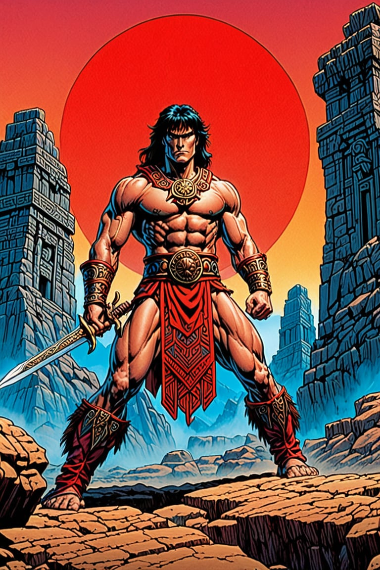 score_9, score_8_up, score_7_up,Create a movie poster In a bold, dark-lined cel-shaded art style reminiscent of Frank Cho's work, Conan stands tall in the midst of ancient Aztec ruins. His powerful physique is accentuated by his muscular build and sun- bronzed skin, with a stern expression and piercing blue eyes that seem to bore into the soul. The rugged terrain provides a gritty backdrop for this heroic pose, as he holds his sword at the ready.

Conan's attire consists of a worn loinloth made from animal hide, paired with leather bracers and greaves that add to his imposing stature. A leather belt wraps around his waist, adorned with a bronze buckle . His sturdy leather sandals or boots provide a sense of grounding amidst the ancient structures.

In the foreground, bold, black lines typography frame Conan's figure against the vibrant red text that reads "RED_NAILS" in a striking display of cinematic flair. The overall composition is one of dynamic tension, as if Conan is about to leap into action at any moment, ready to face whatever dangers lie ahead.,Masterpiece,comic book,digital artwork by Beksinski