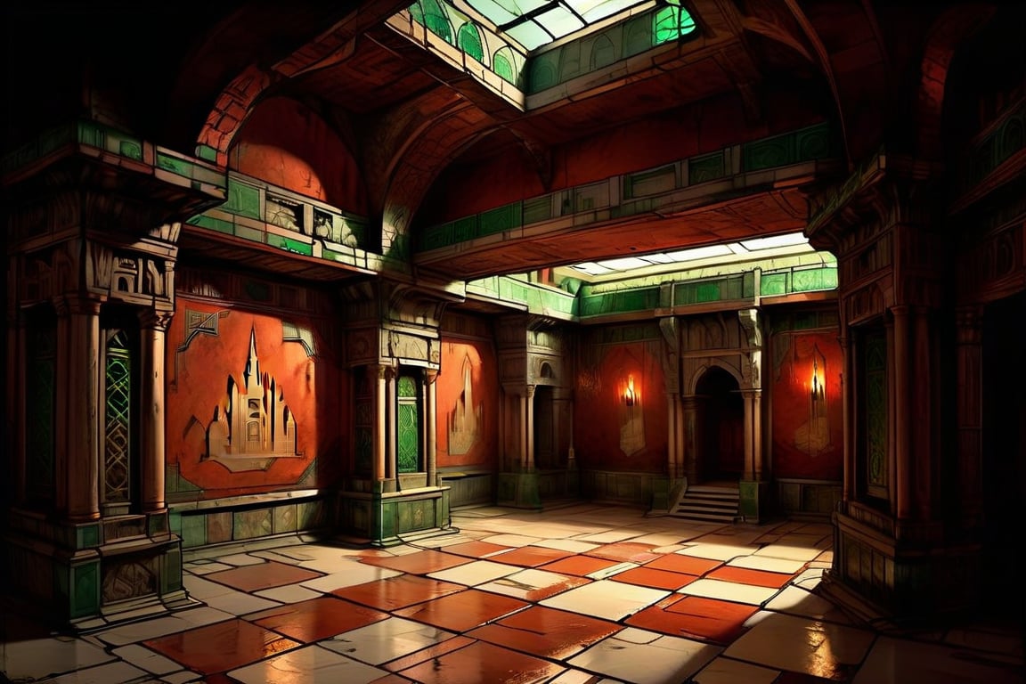 /imagine prompt: comic book style,"Interior view of Xuchotl, a sprawling ancient ruins Aztec city built like a giant palace under one great emerald roof, with a heroic proportioned Great Hall running into the distance. The hall features a floor of curious red stone tiles that seem to smolder like flames, and shiny green walls. High vaulted ceilings with skylights allow sunlight to filter through translucent crystalline sheets, illuminating the space. Series of interconnected chambers floored with red stone and walls of green jade, marble, ivory, or chalcedony, adorned with friezes of bronze, gold, or silver. Contrasting lighted chambers and dark, foreboding rooms with black doorways resembling pits. The city has no open streets, squares, or courts, only internal halls and chambers, conveying an eerie, majestic, and claustrophobic atmosphere, inspired by Red Nails --v 5",l0dbg,FuturEvoLab,ArtDecoXL,DonMn1ghtm4reXL