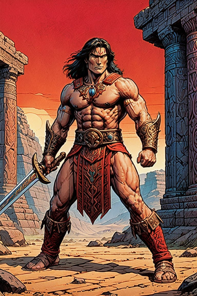 score_9, score_8_up, score_7_up,Create a movie poster In a bold, dark-lined cel-shaded art style reminiscent of Frank Cho's work, Conan stands tall in the midst of ancient Aztec ruins. His powerful physique is accentuated by his muscular build and sun- bronzed skin, with a stern expression and piercing blue eyes that seem to bore into the soul. The rugged terrain provides a gritty backdrop for this heroic pose, as he holds his sword at the ready.

Conan's attire consists of a worn loinloth made from animal hide, paired with leather bracers and greaves that add to his imposing stature. A leather belt wraps around his waist, adorned with a bronze buckle . His sturdy leather sandals or boots provide a sense of grounding amidst the ancient structures.

In the foreground, bold, black lines frame Conan's figure against the vibrant red text "RED_ NAILS" in a striking display of cinematic flair. The overall composition is one of dynamic tension, as if Conan is about to leap into action at any moment, ready to face whatever dangers lie ahead.,Masterpiece,comic book,digital artwork by Beksinski