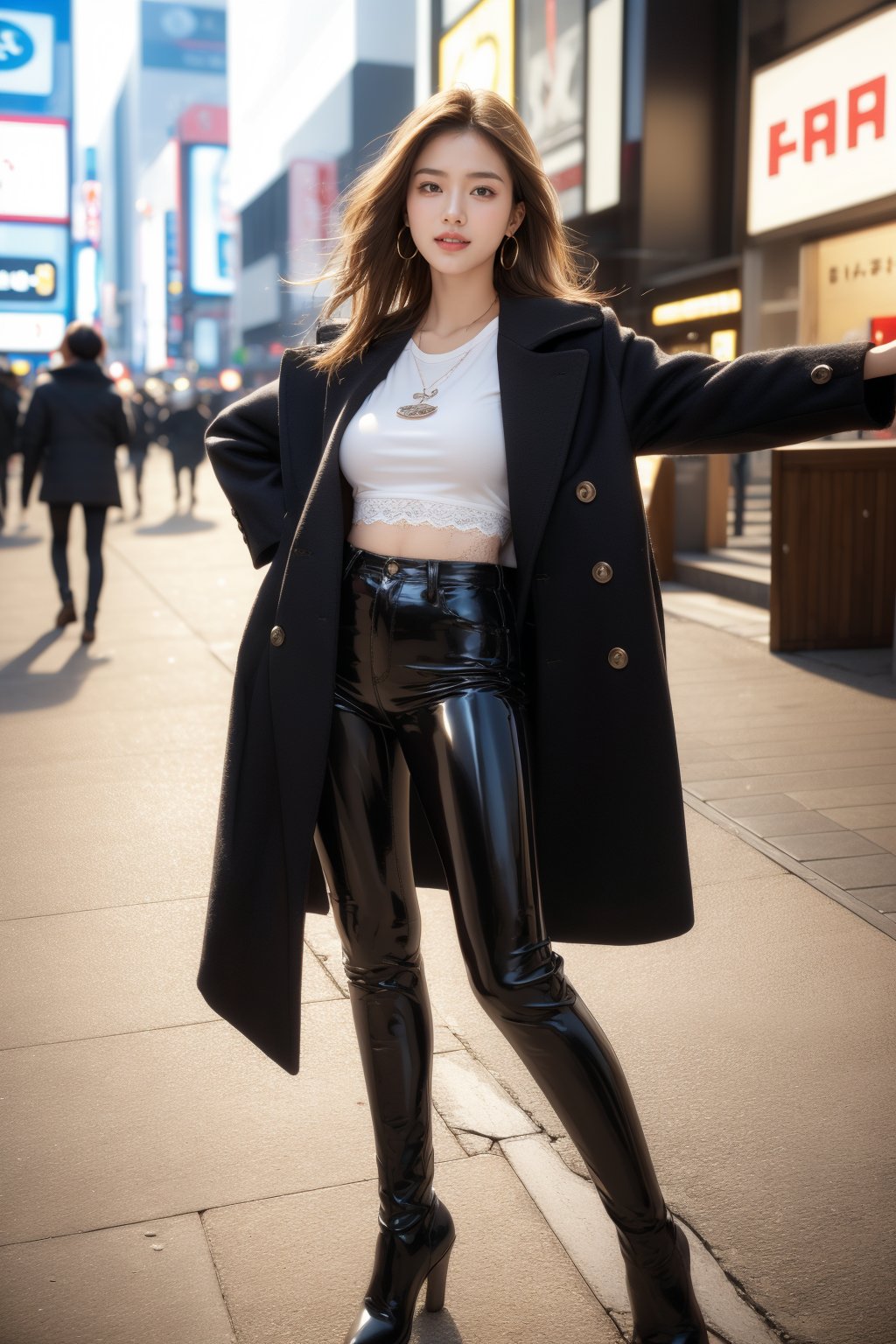 beautiful girl,dark blonde hair, she is wearing tight leather pants, sexy lace top tee and a boxy over coat, she in the middle of a very colourful shinjuku town, happy smile, face lighting,Best Quality, 32k, photorealistic, ultra-detailed, finely detailed, high resolution, perfect dynamic composition, beautiful detailed eyes, sharp-focus, cowboy shot, fullbody frontal  view