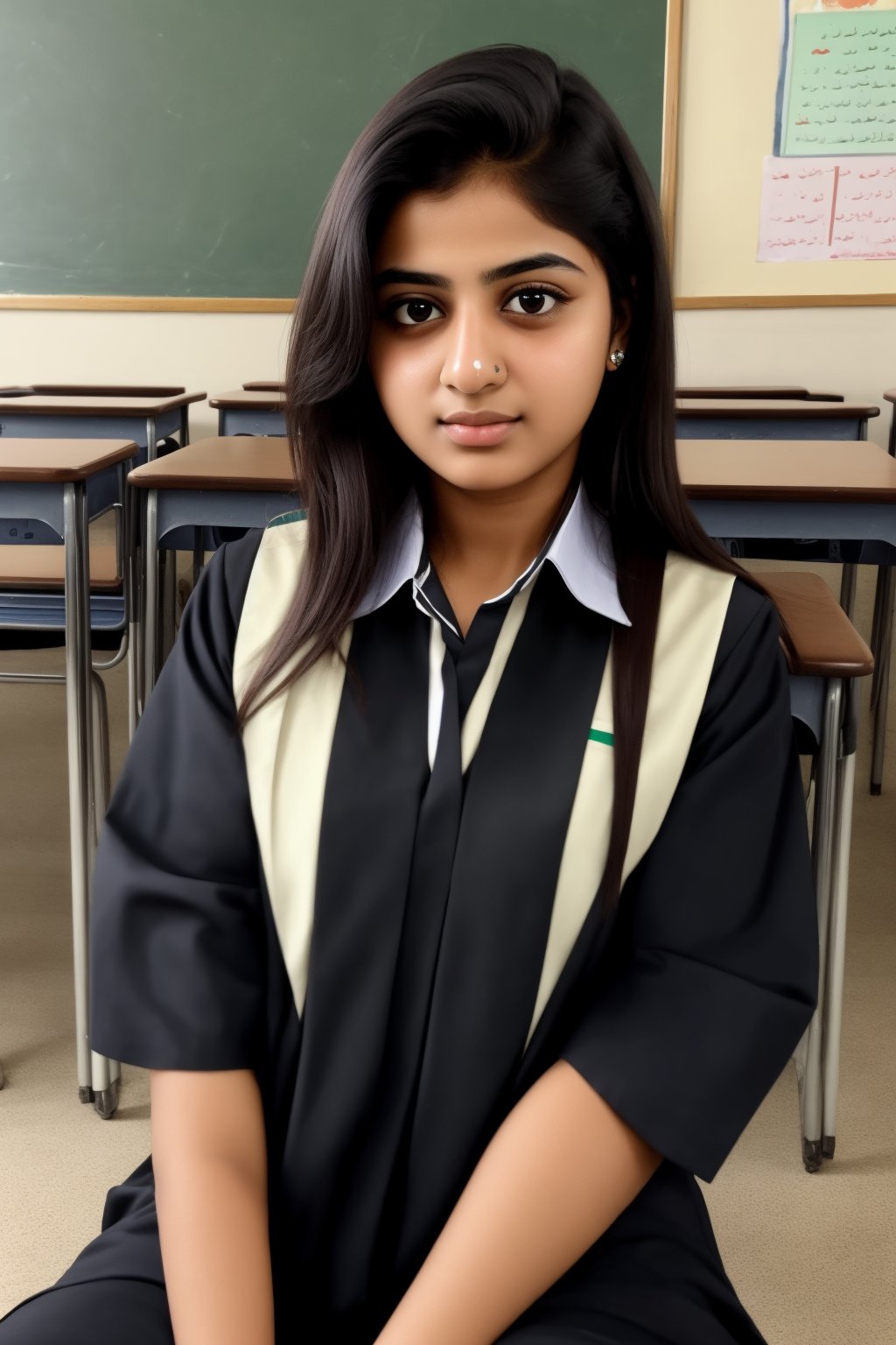 Pakistani girl 20 year old, innocent face, confused, black hair, black eyes sitting in school wearing University Uniform
