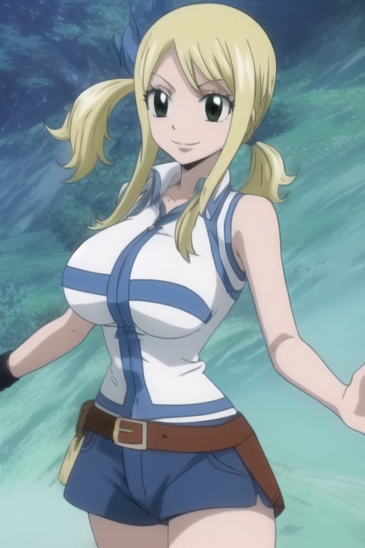 blonde haired, ponytail, 1girl, large breast, leopard shirt, Jean skirt, high quality, 8k, smiling, 90’s,
green eyes, Lucy hartfilia, fairy tail,