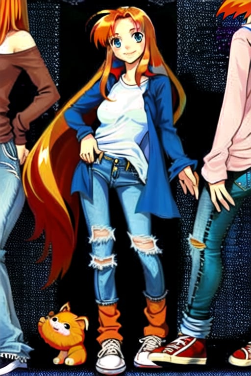 1girl, solo, long hair, looking at viewer, smile, blue eyes, simple background, shirt, long sleeves, standing, full body, red hair, shoes, pants, orange hair, denim, black background, sneakers, jeans