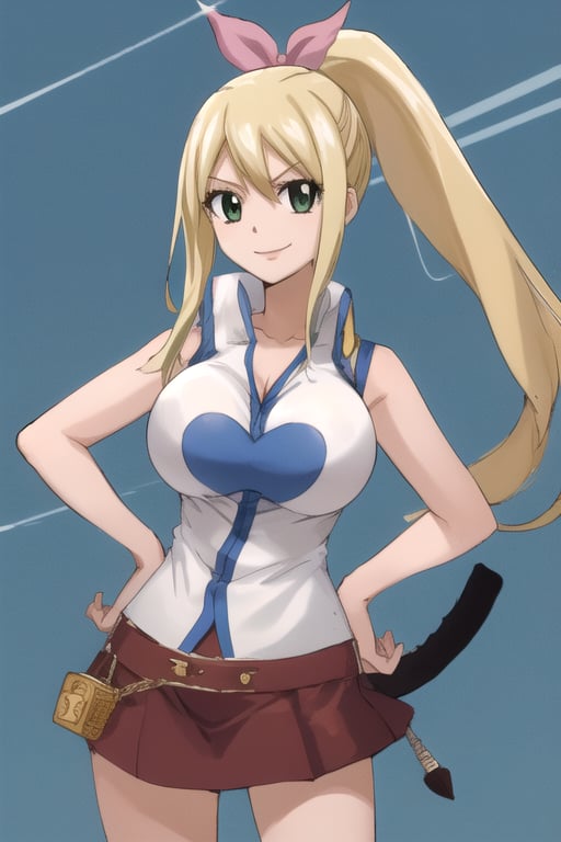 blonde haired, ponytail, 1girl, large breast, leopard shirt, Jean skirt, high quality, 8k, smiling, 90’s,
green eyes, Lucy hartfilia, fairy tail,