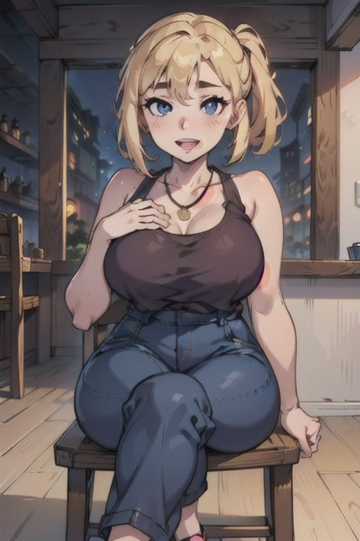 1woman, solo, blonde hair, pink lipstick, large breast, purple tank top, light pink pants, blue shoes, smiling, open mouth, shirt lift, nude, city, day time, necklace, smiling, blue eyes, masterpiece, longe hair, pub, indoors, sitting, chair,