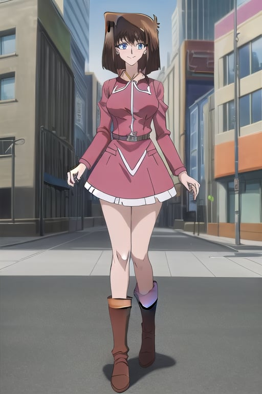  1girl, duel monsters ,hair brown ,blue eyes, Brown hair, anzu mazaki, duel monsters , hair brown , yellow dress, long sleeves, outdoors, day time city, short hair, masterpiece, best quality, smiling, full body, red black boots 