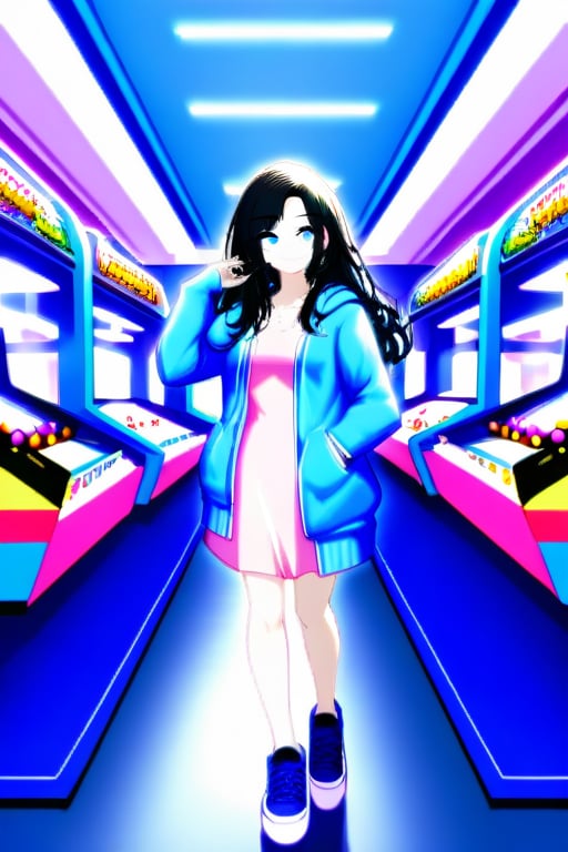 Black long hair, 1girl, Pink dress, blue_eyes, Full body, 
Blue jaket, Masterpeace,  Looking at the viewer, Indoors, Carcade, Smiling,