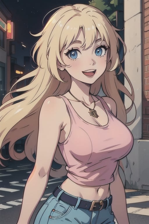 1woman, solo, blonde longe hair, pink lipstick, large breast, white tank top, square neck top, light pink pants, belts, upper body, smiling, open mouth, city, day time, necklace, smiling, blue eyes, masterpiece, outdoors, standing, looking at the viewers, pixie Anime ver 10, (8K), ultra high quality, 