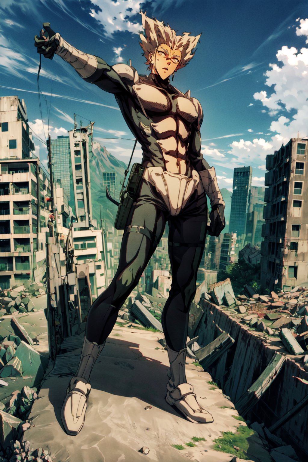 garou, anime, one punch, bodysuit, armor, kaiju8, building top, overlooking destroyed city, full body shot