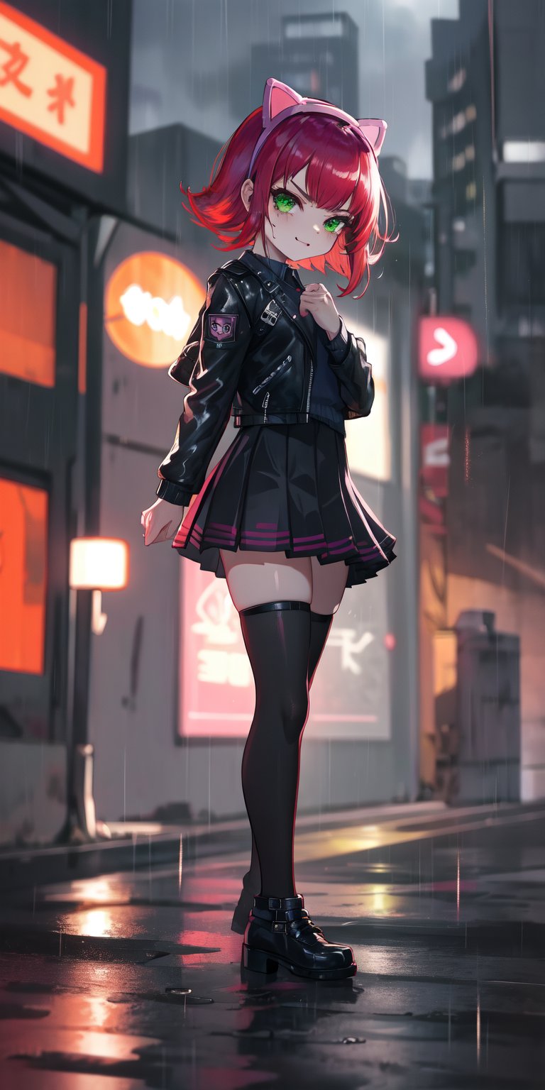 short hair, animal ears, fake animal ears, cat ears, hairband, green eyes, bangs, smug, red hair, purple hair, got punk girl, black leather jacket, ((black pleated skirt)), thigh highs, city, Nighttime, rain, full body