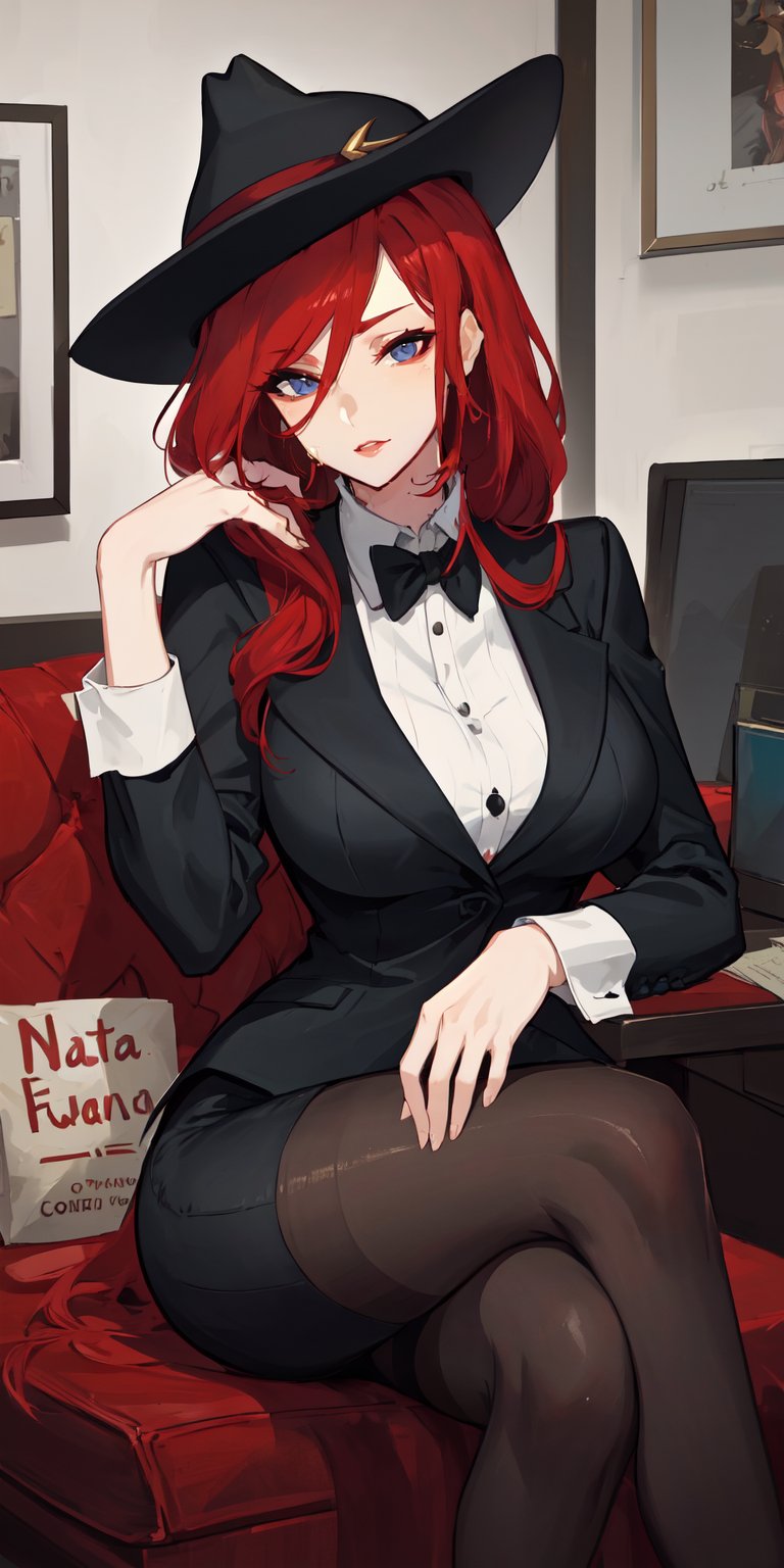 miss fortune \(league of legends\), red hair, pale geen eyes, mature, mature face, 1girl, mafia, Mafia clothes, mafia office, ((black fedora)), sitting