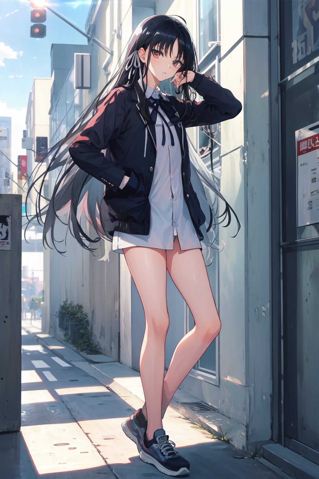 aasuzune, long hair, black hair, braid, hair ribbon, street wear, infront building, hand in pocket