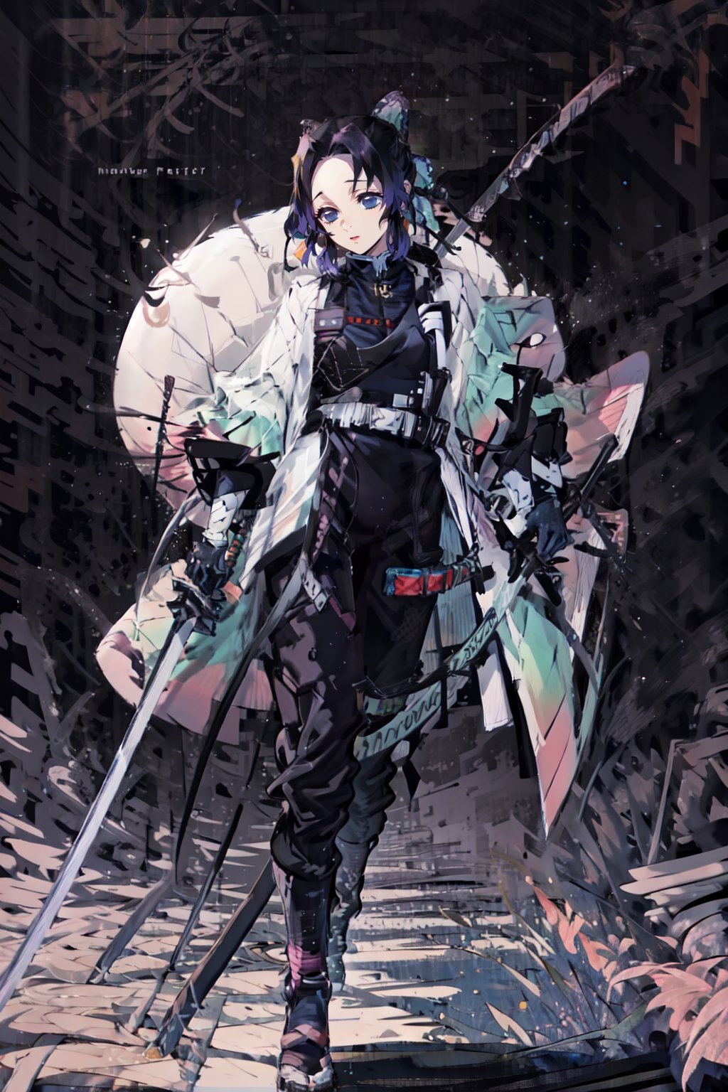 1girl, solo, butterfly hair ornament, purple eyes, multicolored hair, short hair, parted bangs, forehead, temple, blqck techwear jacket, black gloves, tactical vest, with buckle and tape, full body, kochou shinobu, KatanaOneHand
