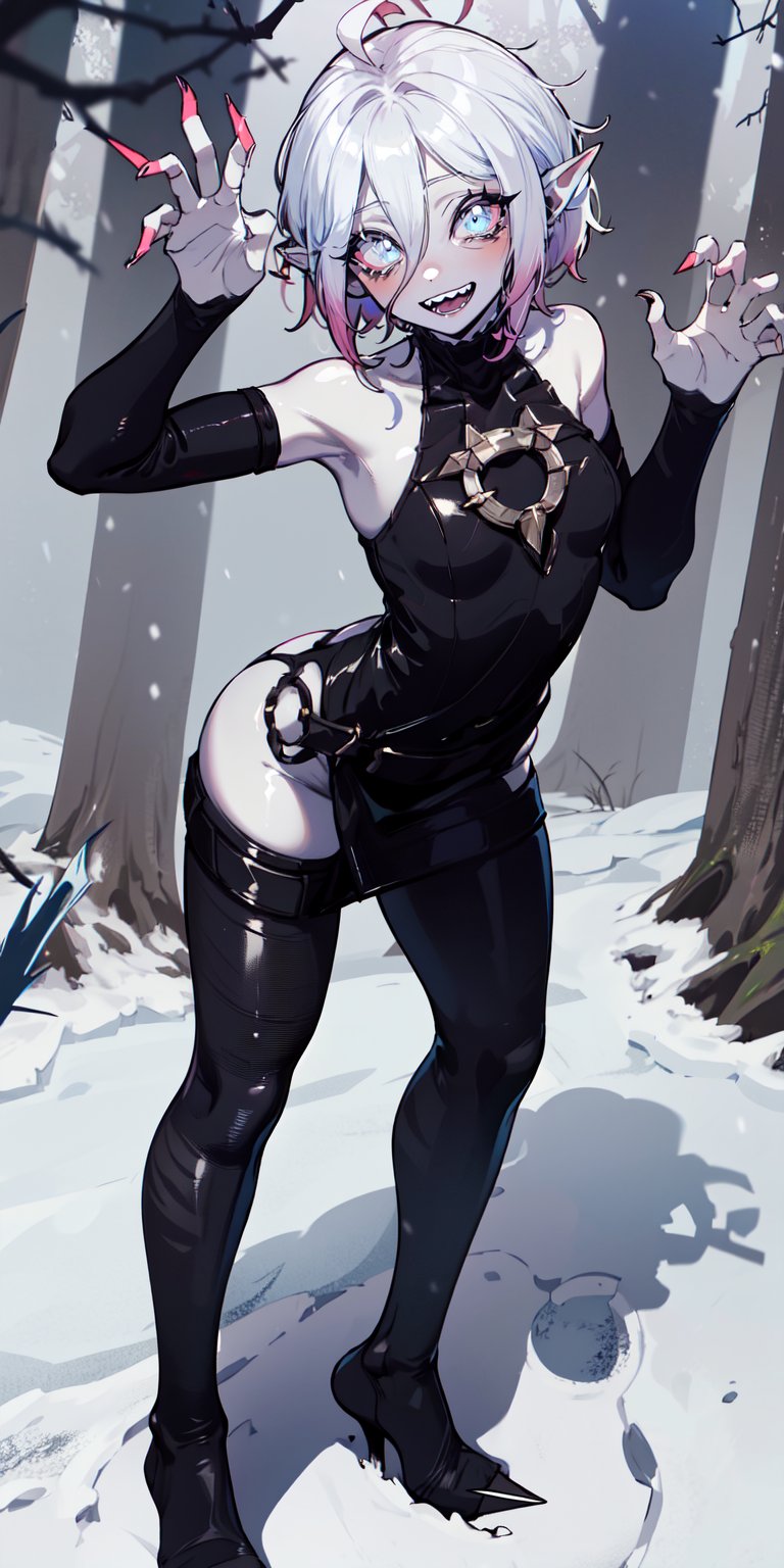 BriarLoL, grey skin, white hair, short hair, (pointy ears, sharp teeth), (black tight dress:1.2), snow, forest, standing