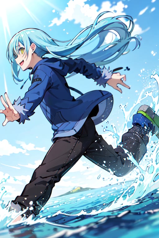 rimuru_tempest, running on water, happy, blue hoodie, black pant, sideview 