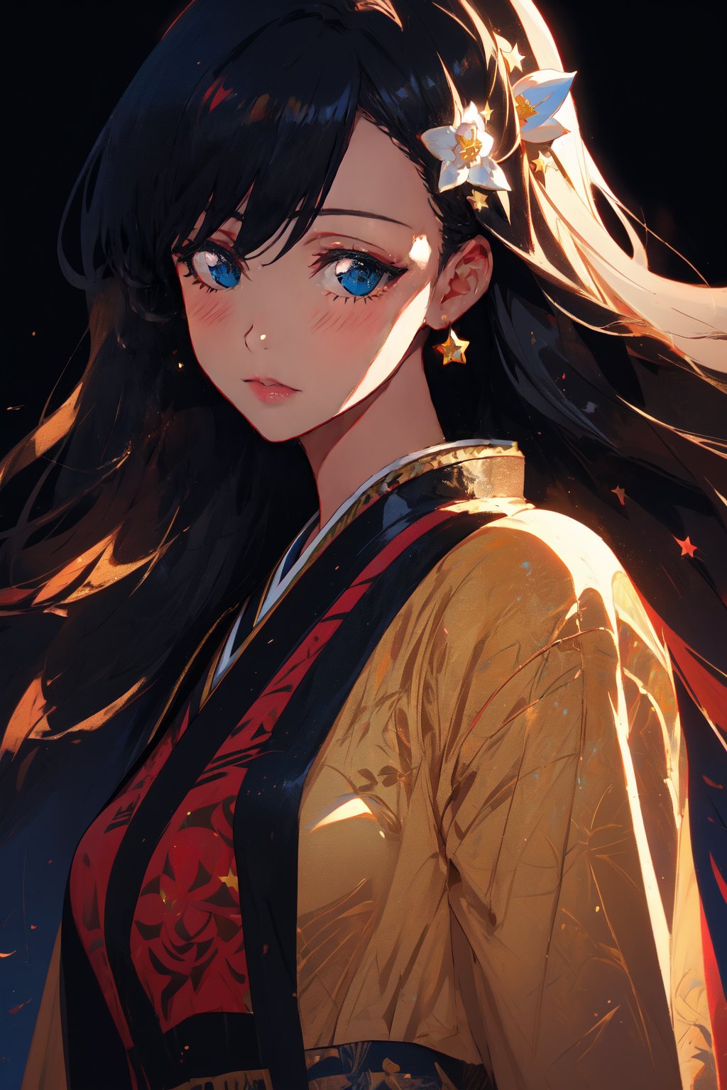 a girl with a lotus with a star haori, in a town, Detailed Textures, high quality, high resolution, high Accuracy, realism, color correction, Proper lighting settings, harmonious composition, Noel, black hair, blue eyes, long hair, hair ornament