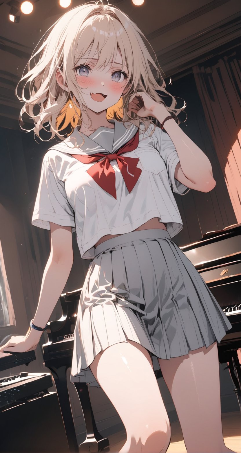 1girl, medium breasts, school uniform,
mesugaki, smile, looking at viewer, blush, hand up, skin fang, 
dutch angle, feet out of frame, looking at viewer, blonde hair, silver eyes,scared, music room, open mouth, shiny hair,,encore_(wuthering_waves)
